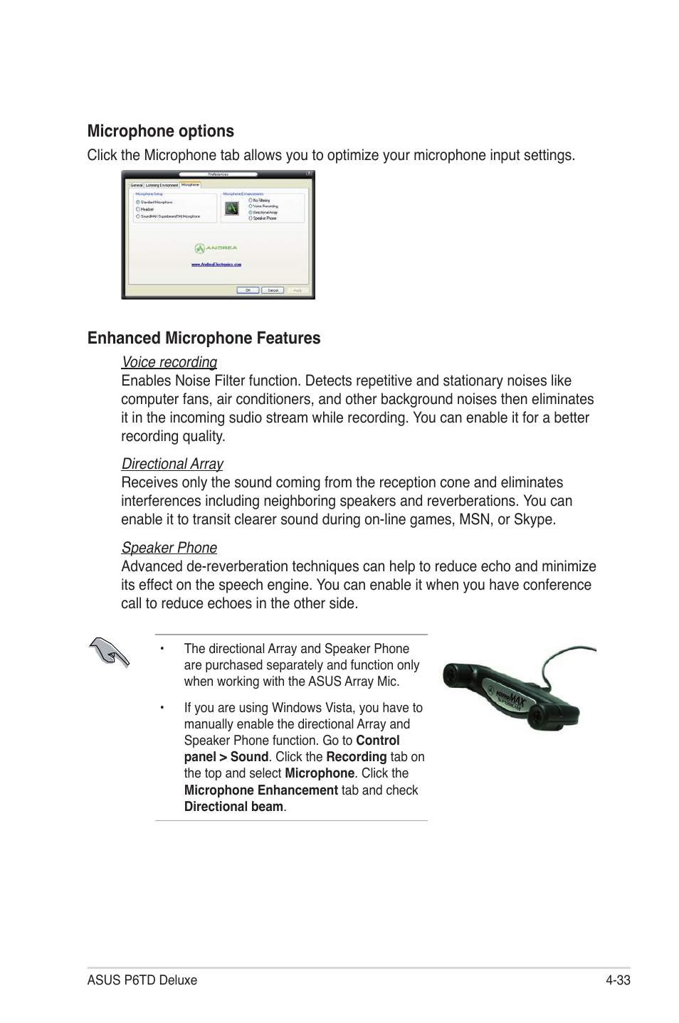 Microphone options, Enhanced microphone features | Asus P6TD Deluxe User Manual | Page 149 / 178