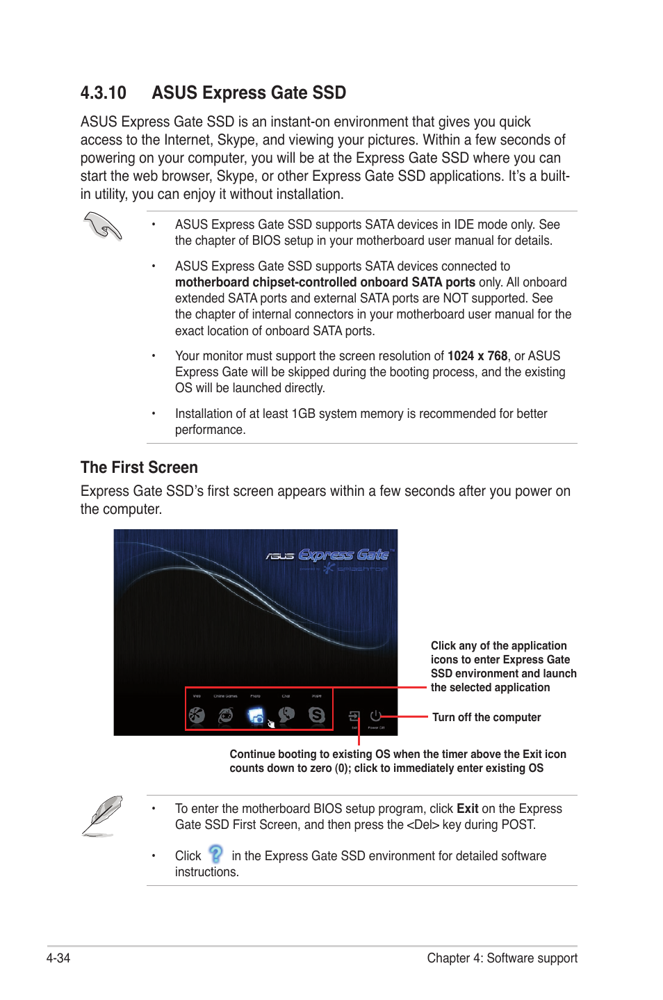 10 asus express gate ssd, 10 asus express gate ssd -34, The first screen | Asus P6TD Deluxe User Manual | Page 150 / 178