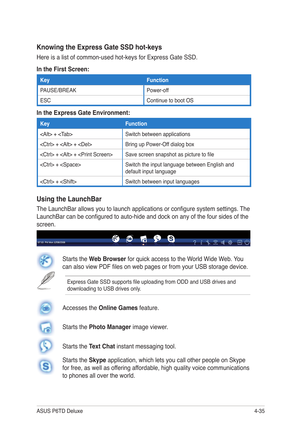 Using the launchbar, Knowing the express gate ssd hot-keys | Asus P6TD Deluxe User Manual | Page 151 / 178