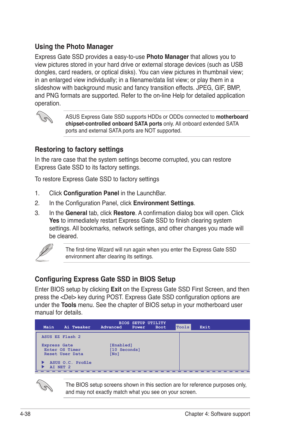 Using the photo manager, Restoring to factory settings, Configuring express gate ssd in bios setup | Asus P6TD Deluxe User Manual | Page 154 / 178