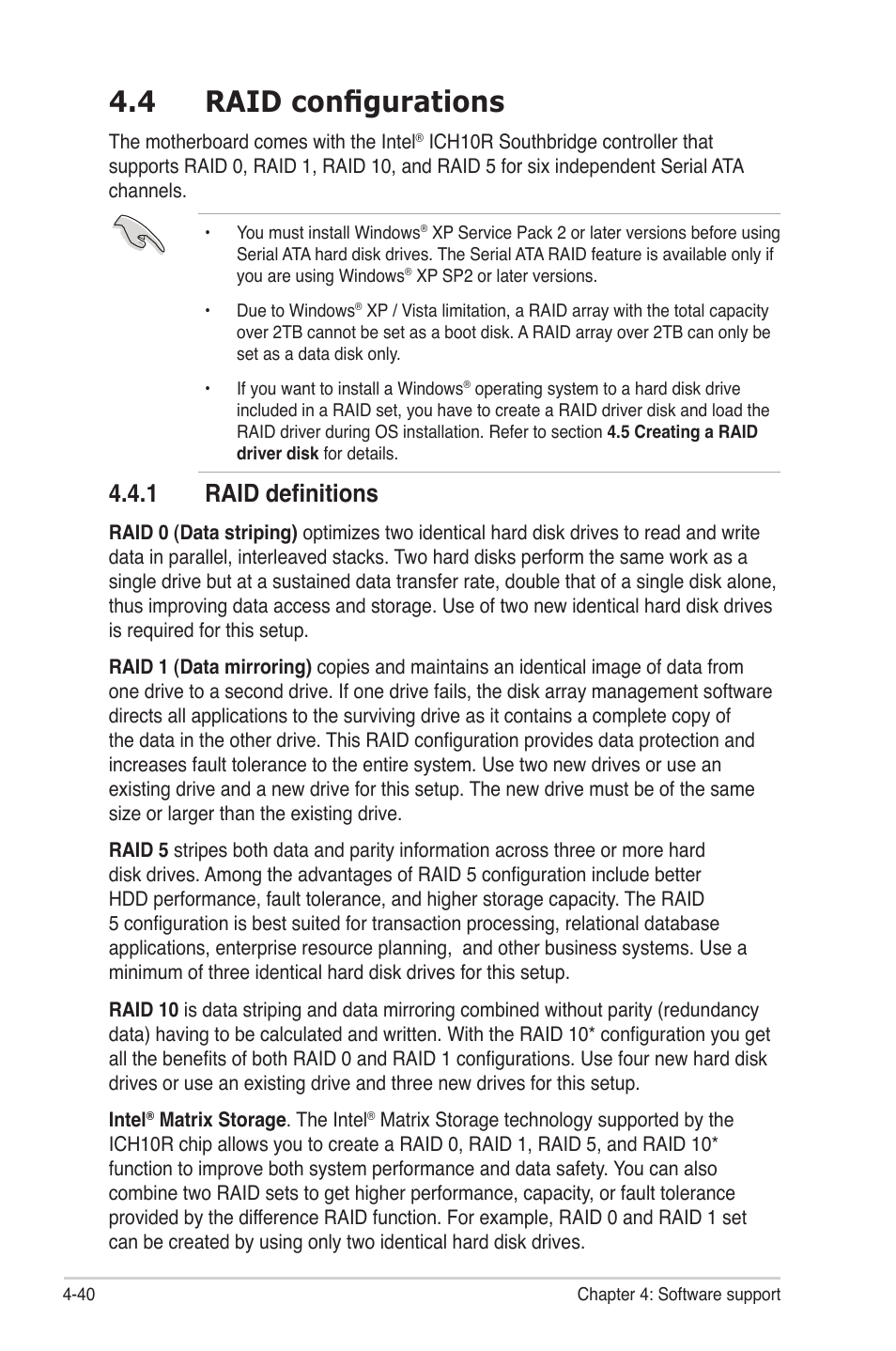 4 raid configurations, 1 raid definitions, Raid configurations -40 4.4.1 | Raid definitions -40 | Asus P6TD Deluxe User Manual | Page 156 / 178