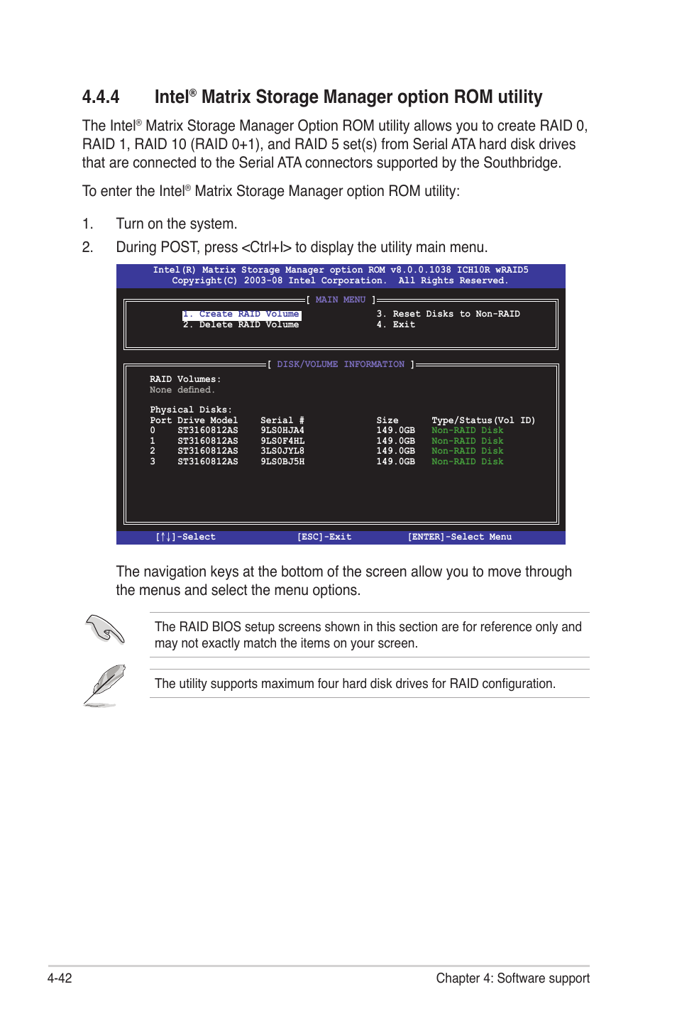 4 intel® matrix storage manager option rom utility, Intel, Matrix storage manager option rom utility -42 | 4 intel, Matrix storage manager option rom utility, The intel | Asus P6TD Deluxe User Manual | Page 158 / 178