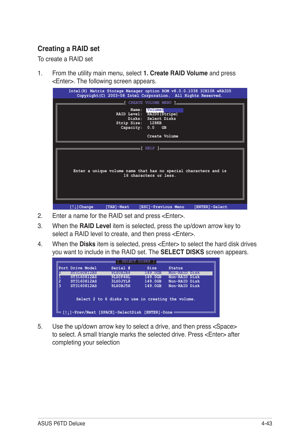 Creating a raid set | Asus P6TD Deluxe User Manual | Page 159 / 178