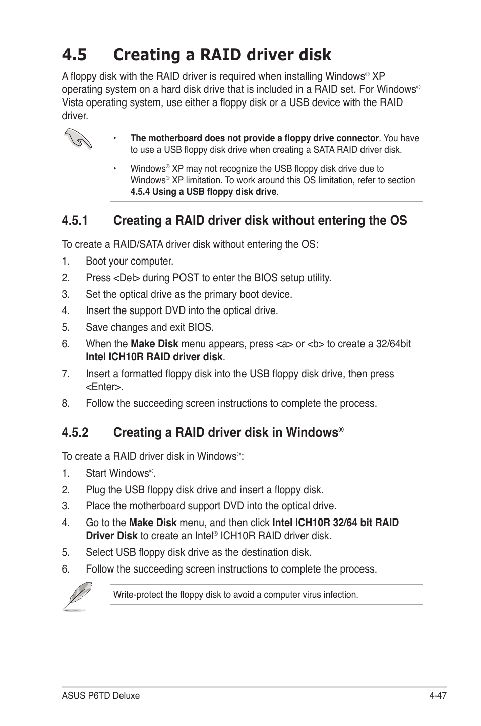 5 creating a raid driver disk, 2 creating a raid driver disk in windows, Creating a raid driver disk -47 4.5.1 | Creating a raid driver disk in windows | Asus P6TD Deluxe User Manual | Page 163 / 178