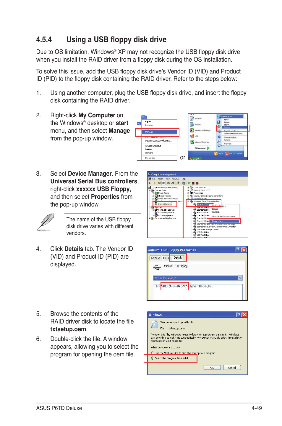 4 using a usb floppy disk drive, Using a usb floppy disk drive -49 | Asus P6TD Deluxe User Manual | Page 165 / 178