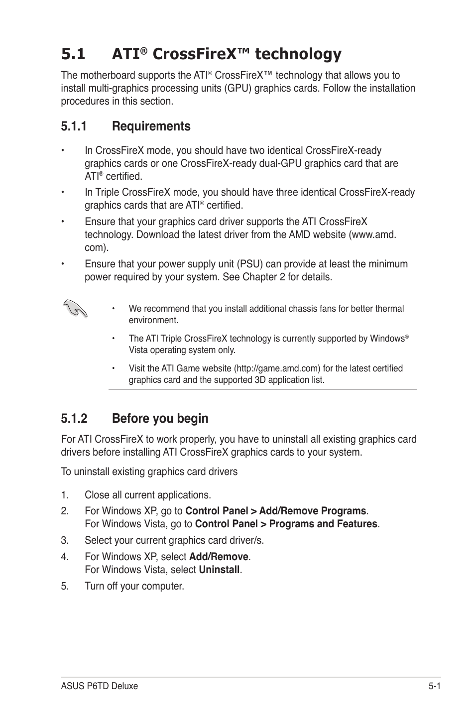 1 ati® crossfirex™ technology, 1 requirements, 2 before you begin | Crossfirex™ technology -1, Requirements -1, Before you begin -1, 1 ati, Crossfirex™ technology | Asus P6TD Deluxe User Manual | Page 169 / 178