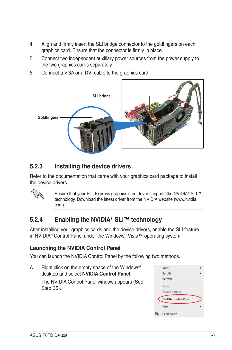 3 installing the device drivers, 4 enabling the nvidia® sli™ technology, Installing the device drivers -7 | Enabling the nvidia, Sli™ technology -7, 4 enabling the nvidia, Sli™ technology, Launching the nvidia control panel | Asus P6TD Deluxe User Manual | Page 175 / 178