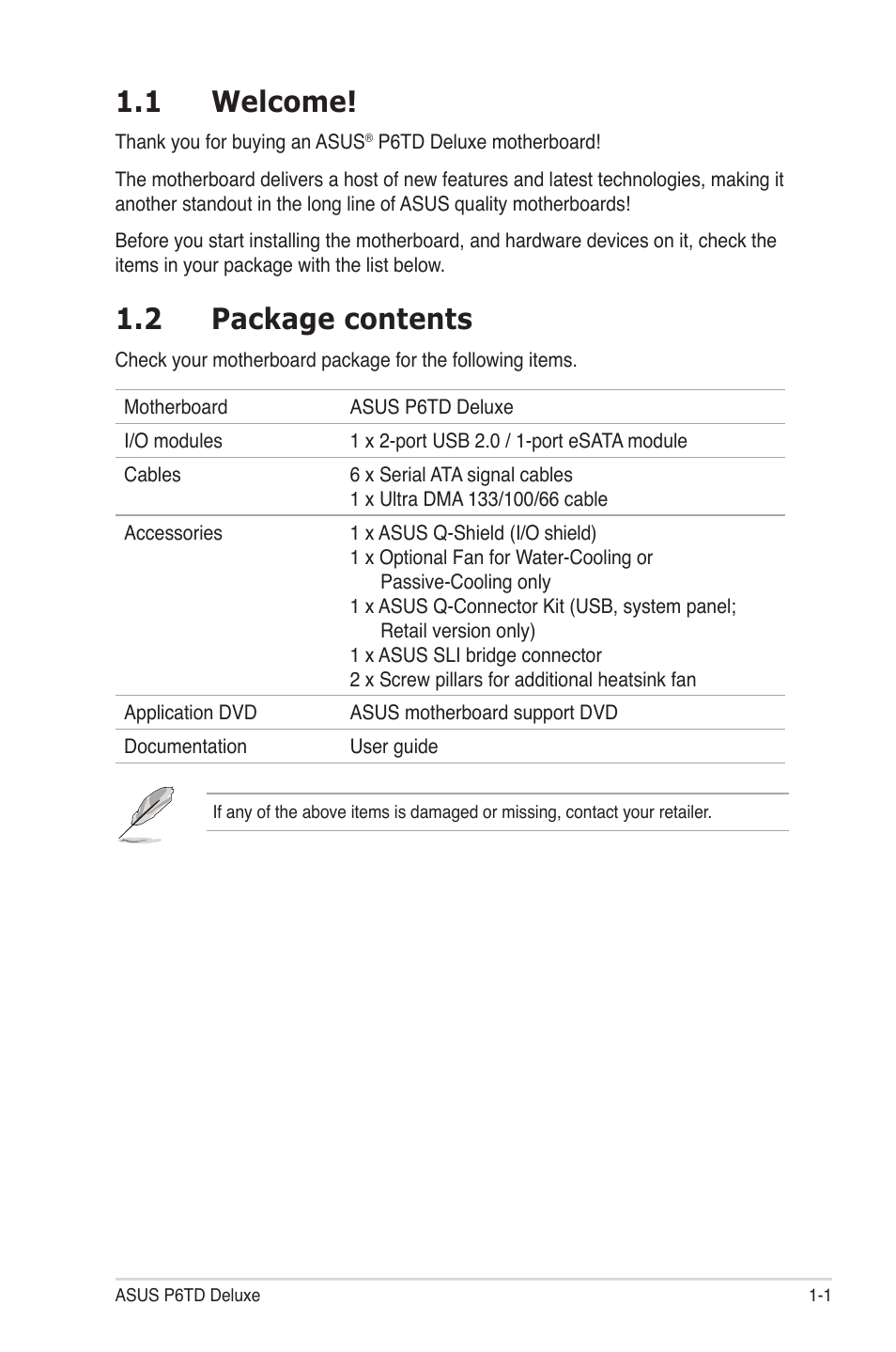 1 welcome, 2 package contents, Welcome! -1 | Package contents -1 | Asus P6TD Deluxe User Manual | Page 19 / 178