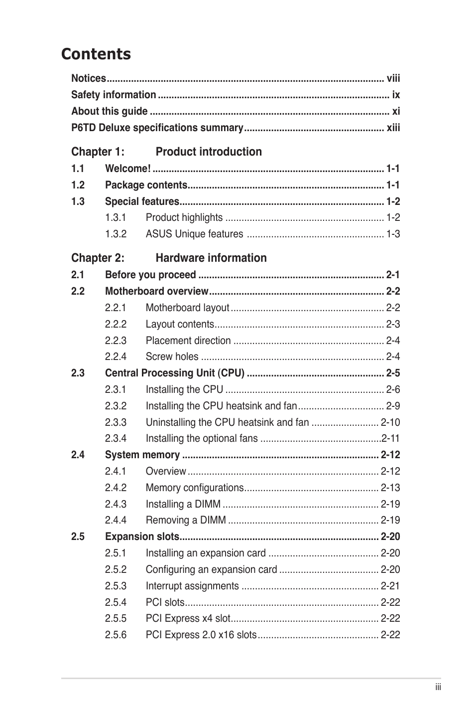 Asus P6TD Deluxe User Manual | Page 3 / 178