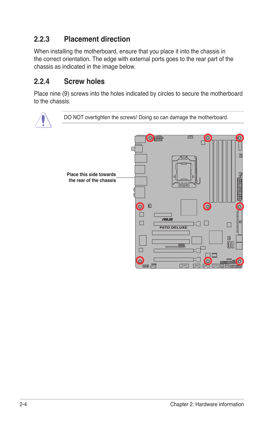 3 placement direction, 4 screw holes, Placement direction -4 | Screw holes -4 | Asus P6TD Deluxe User Manual | Page 32 / 178