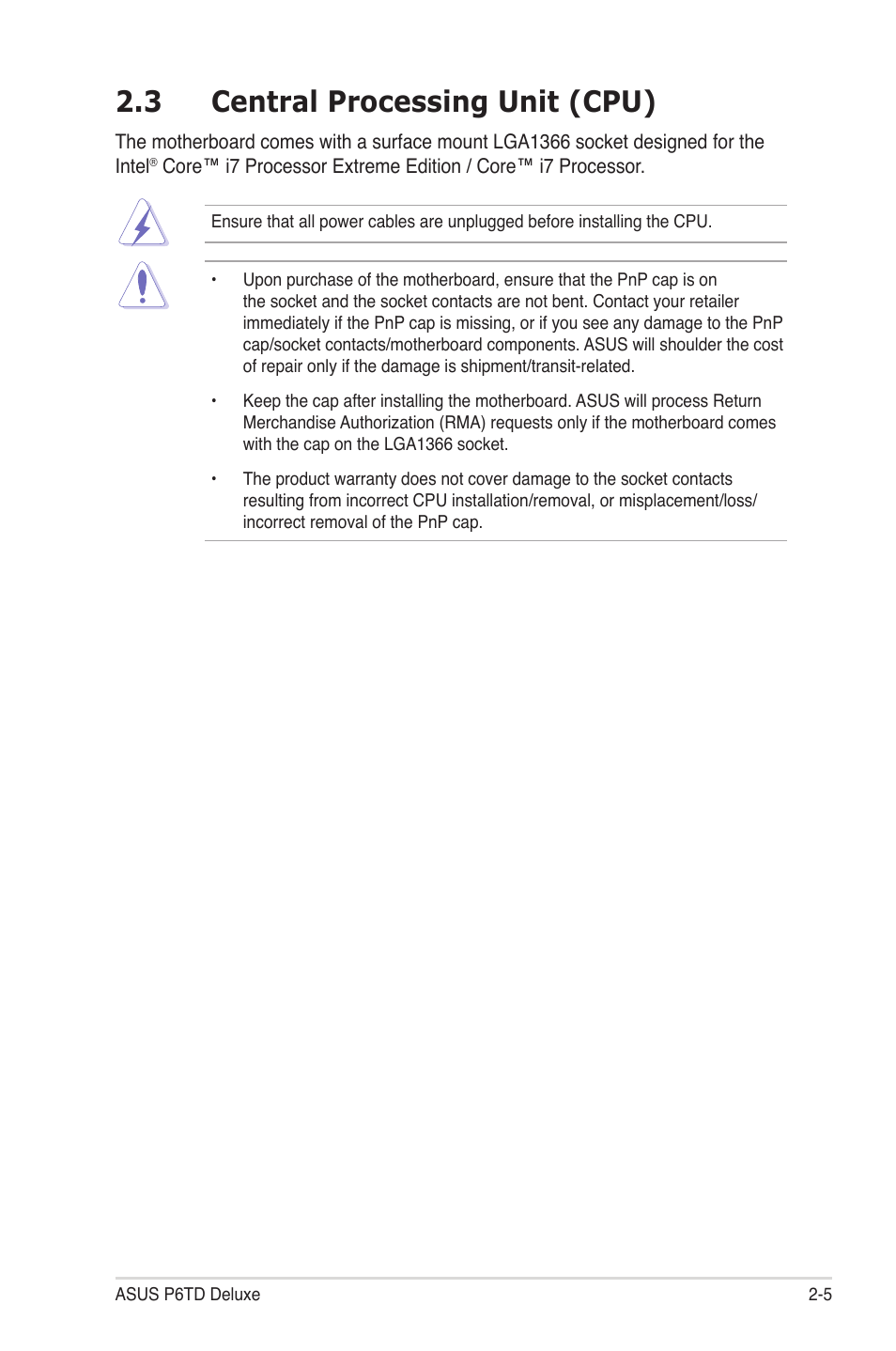 3 central processing unit (cpu), Central processing unit (cpu) -5 | Asus P6TD Deluxe User Manual | Page 33 / 178