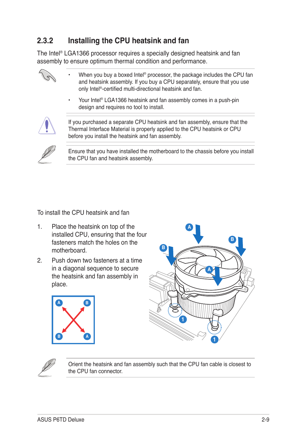 2 installing the cpu heatsink and fan, Installing the cpu heatsink and fan -9 | Asus P6TD Deluxe User Manual | Page 37 / 178