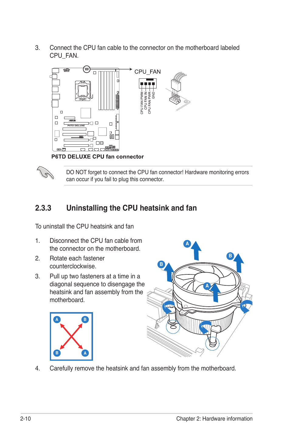 3 uninstalling the cpu heatsink and fan, Uninstalling the cpu heatsink and fan -10 | Asus P6TD Deluxe User Manual | Page 38 / 178