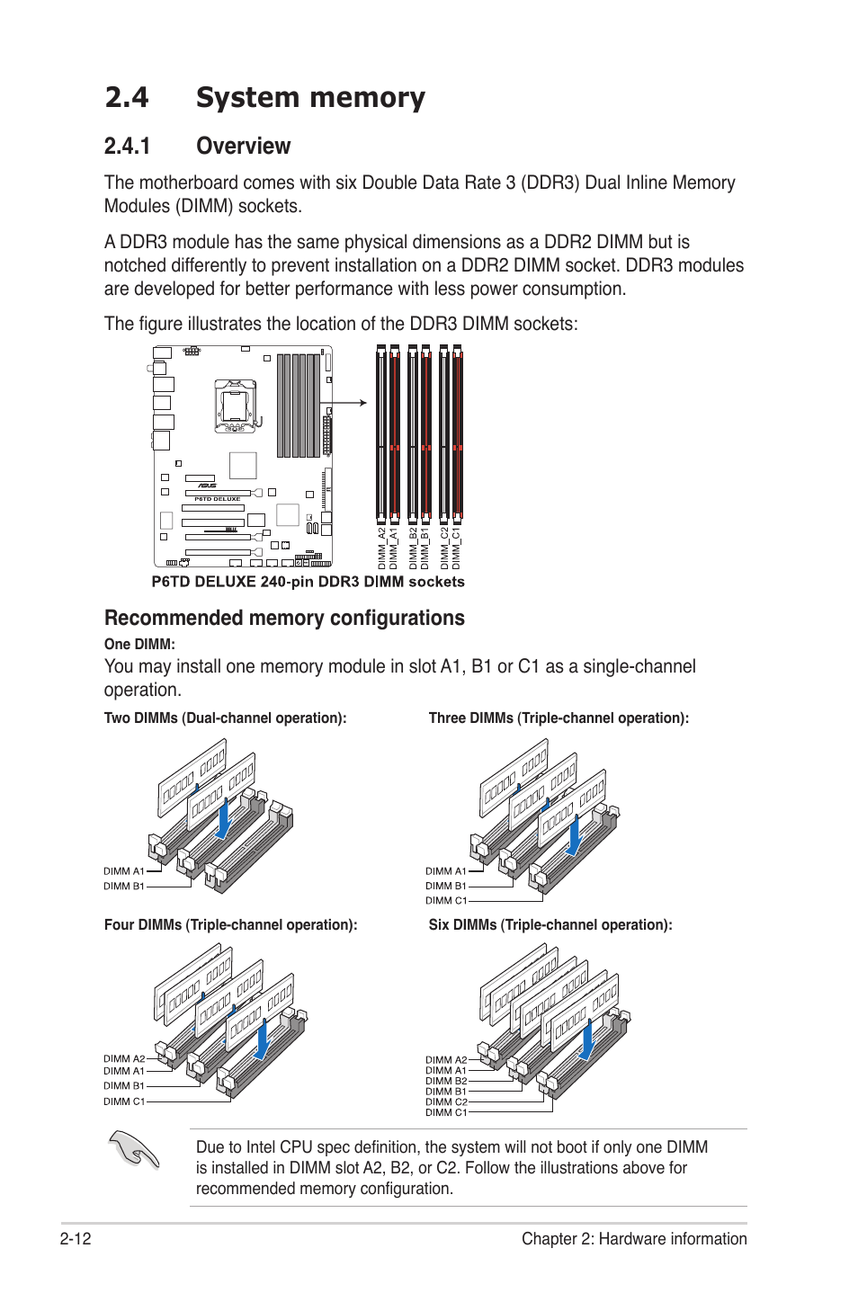 4 system memory, 1 overview, System memory -12 2.4.1 | Overview -12 | Asus P6TD Deluxe User Manual | Page 40 / 178