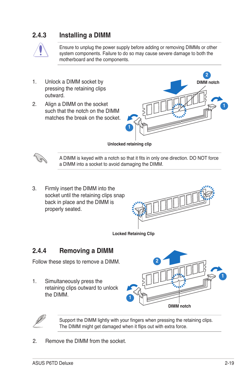 3 installing a dimm, 4 removing a dimm, Installing a dimm -19 | Removing a dimm -19 | Asus P6TD Deluxe User Manual | Page 47 / 178