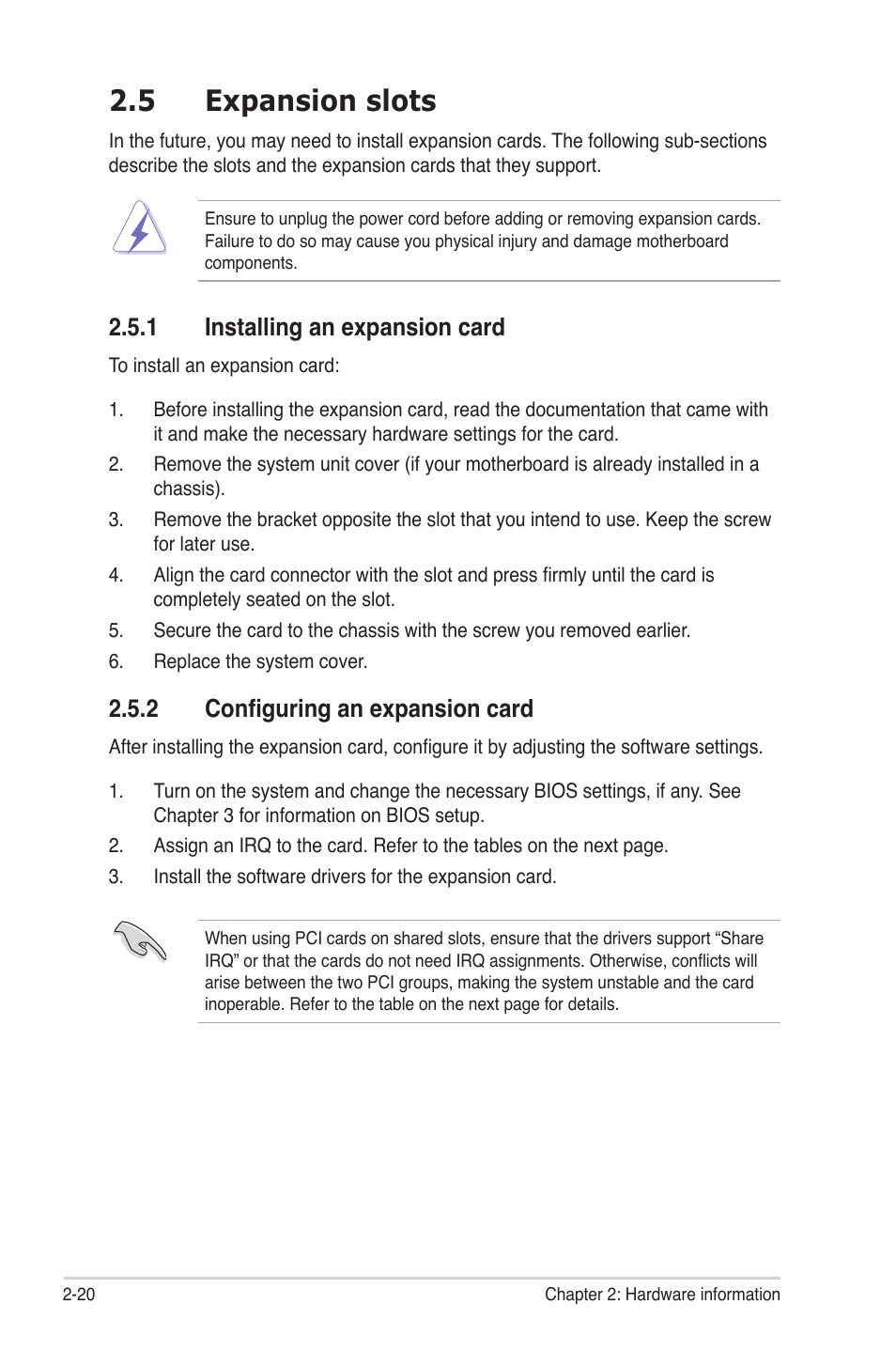 5 expansion slots, 1 installing an expansion card, 2 configuring an expansion card | Expansion slots -20 2.5.1, Installing an expansion card -20, Configuring an expansion card -20 | Asus P6TD Deluxe User Manual | Page 48 / 178