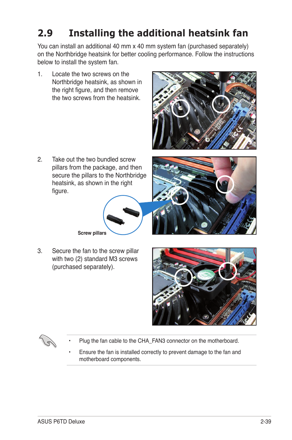 9 installing the additional heatsink fan, Installing the additional heatsink fan -39 | Asus P6TD Deluxe User Manual | Page 67 / 178