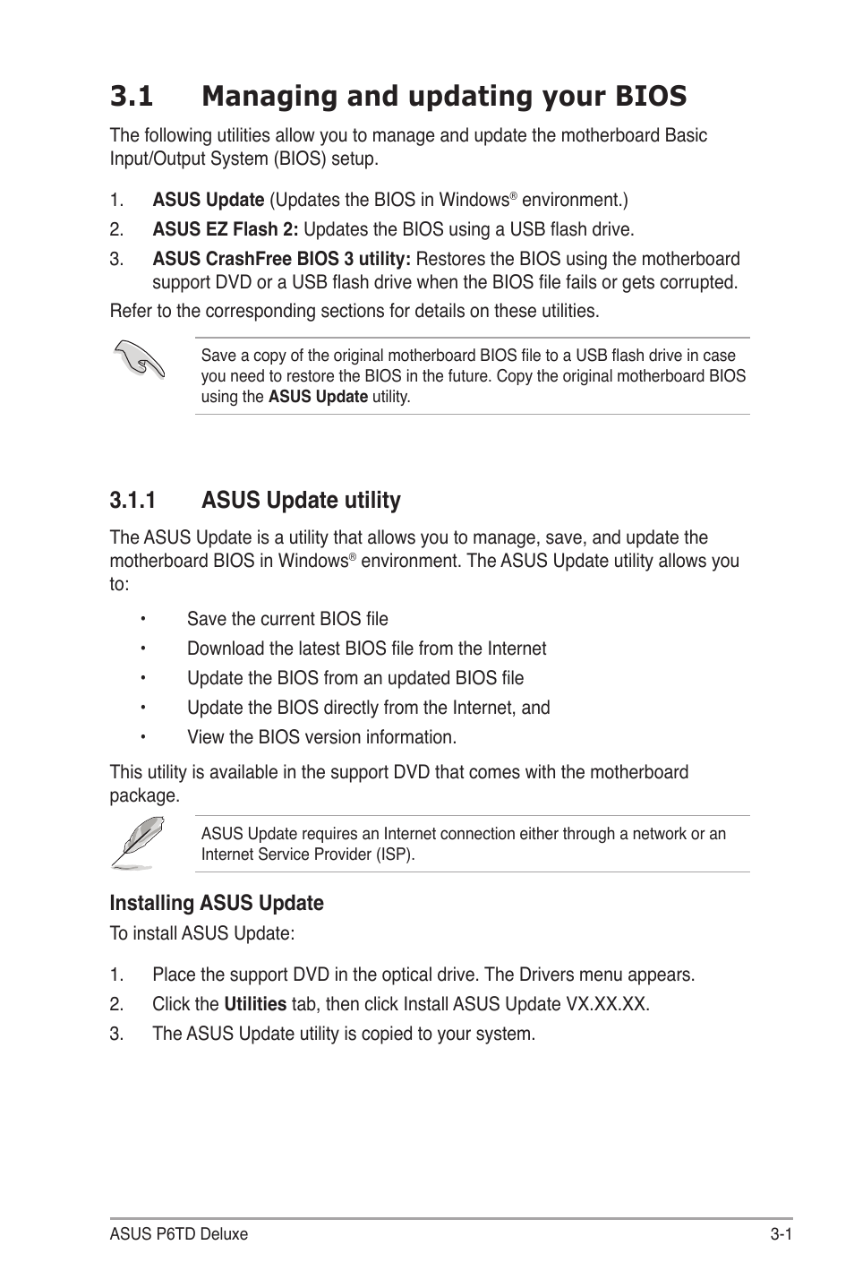 1 managing and updating your bios, 1 asus update utility, Managing and updating your bios -1 3.1.1 | Asus update utility -1 | Asus P6TD Deluxe User Manual | Page 73 / 178