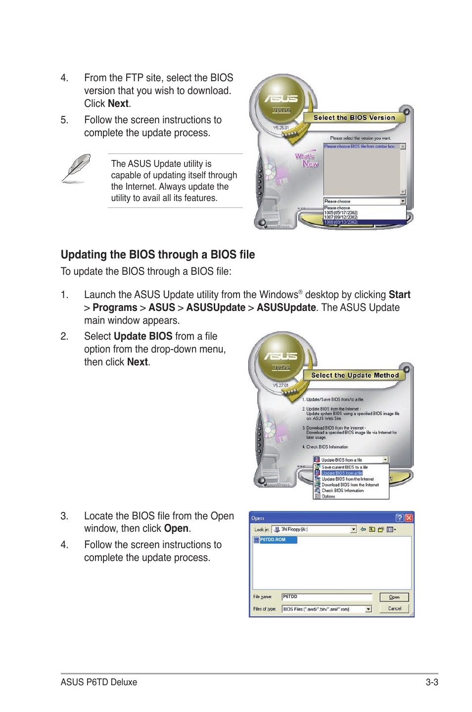 Updating the bios through a bios file | Asus P6TD Deluxe User Manual | Page 75 / 178