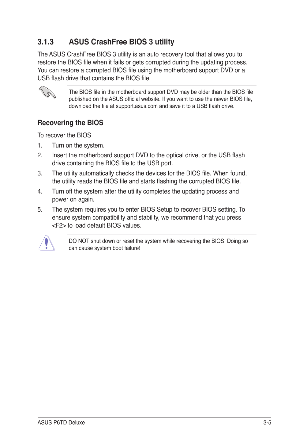 3 asus crashfree bios 3 utility, Asus crashfree bios 3 utility -5 | Asus P6TD Deluxe User Manual | Page 77 / 178