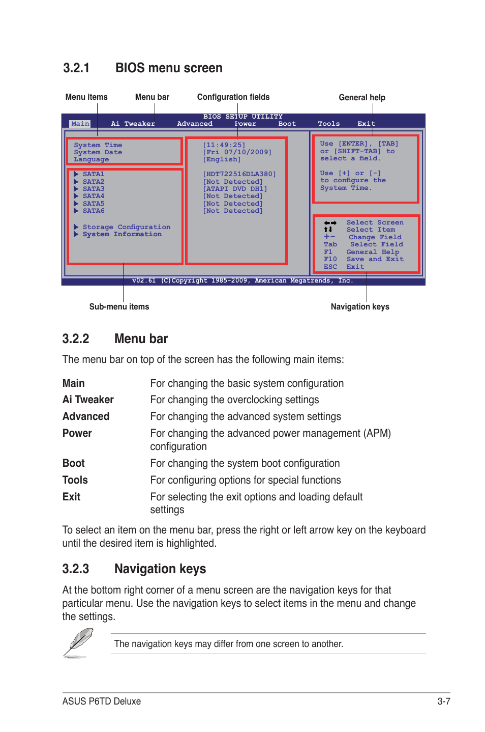 1 bios menu screen, 2 menu bar, 3 navigation keys | Bios menu screen -7, Menu bar -7, Navigation keys -7 | Asus P6TD Deluxe User Manual | Page 79 / 178
