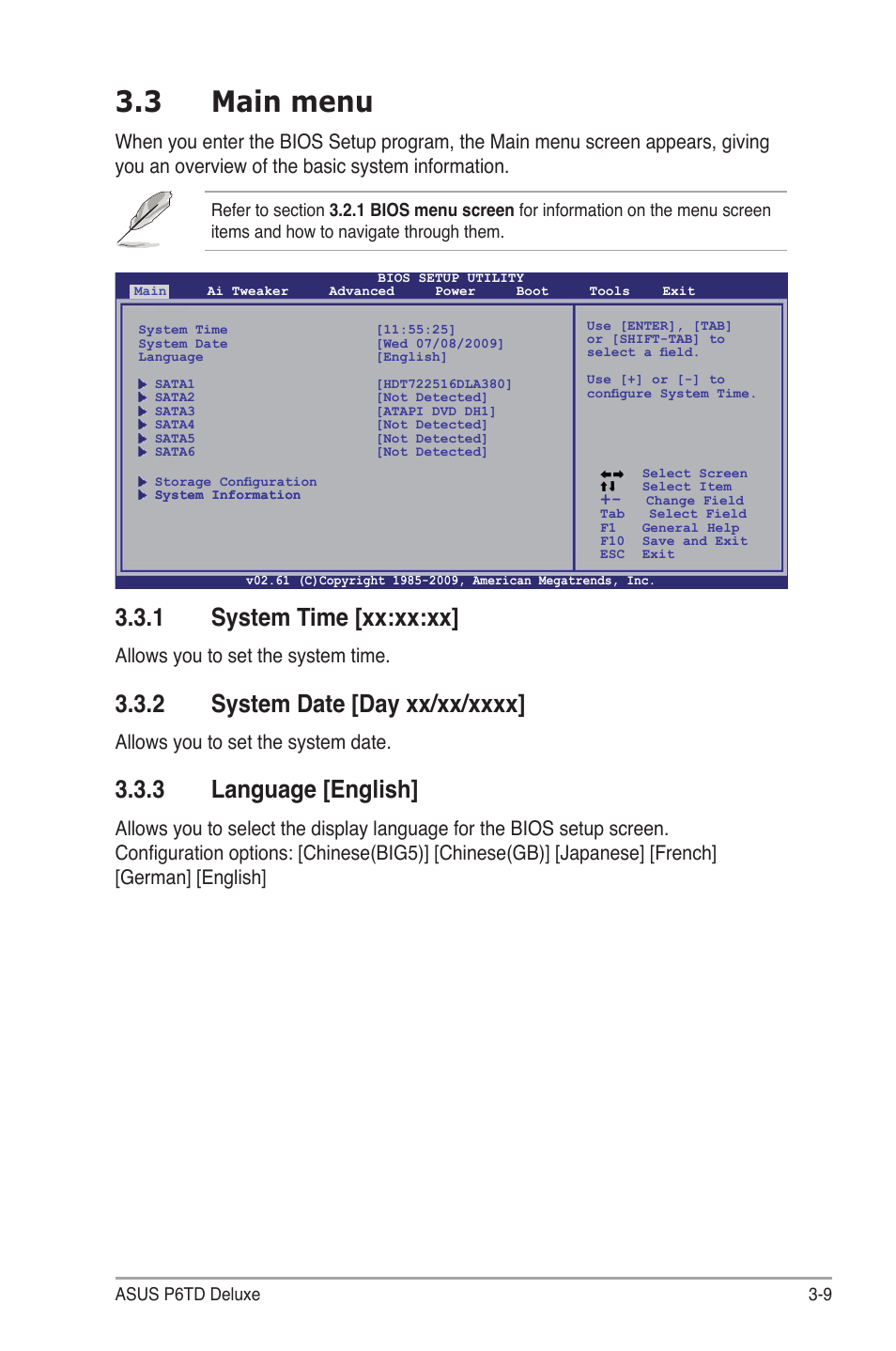 3 main menu, 1 system time [xx:xx:xx, 2 system date [day xx/xx/xxxx | 3 language [english, Main menu -9 3.3.1, System time -9, System date -9, Language -9, Allows you to set the system time, Allows you to set the system date | Asus P6TD Deluxe User Manual | Page 81 / 178