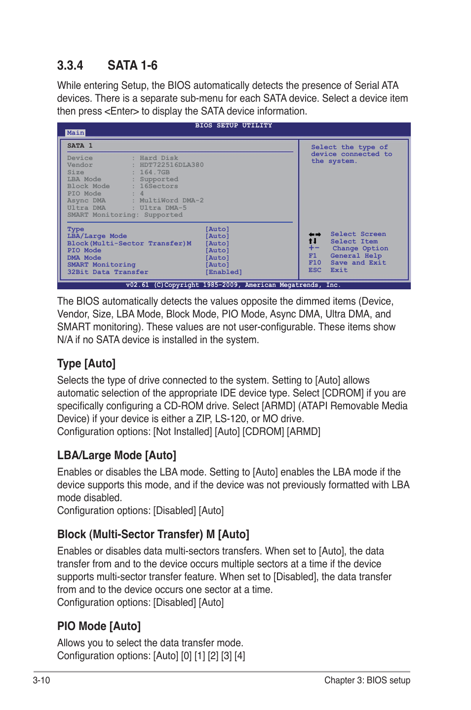 4 sata 1-6, Sata 1-6 -10, Type [auto | Lba/large mode [auto, Block (multi-sector transfer) m [auto, Pio mode [auto | Asus P6TD Deluxe User Manual | Page 82 / 178