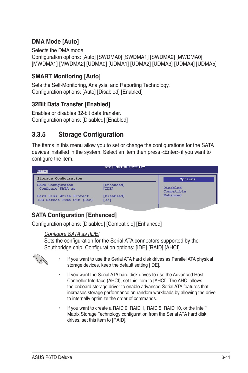 5 storage configuration, Storage configuration -11, Dma mode [auto | Smart monitoring [auto, 32bit data transfer [enabled, Sata configuration [enhanced | Asus P6TD Deluxe User Manual | Page 83 / 178