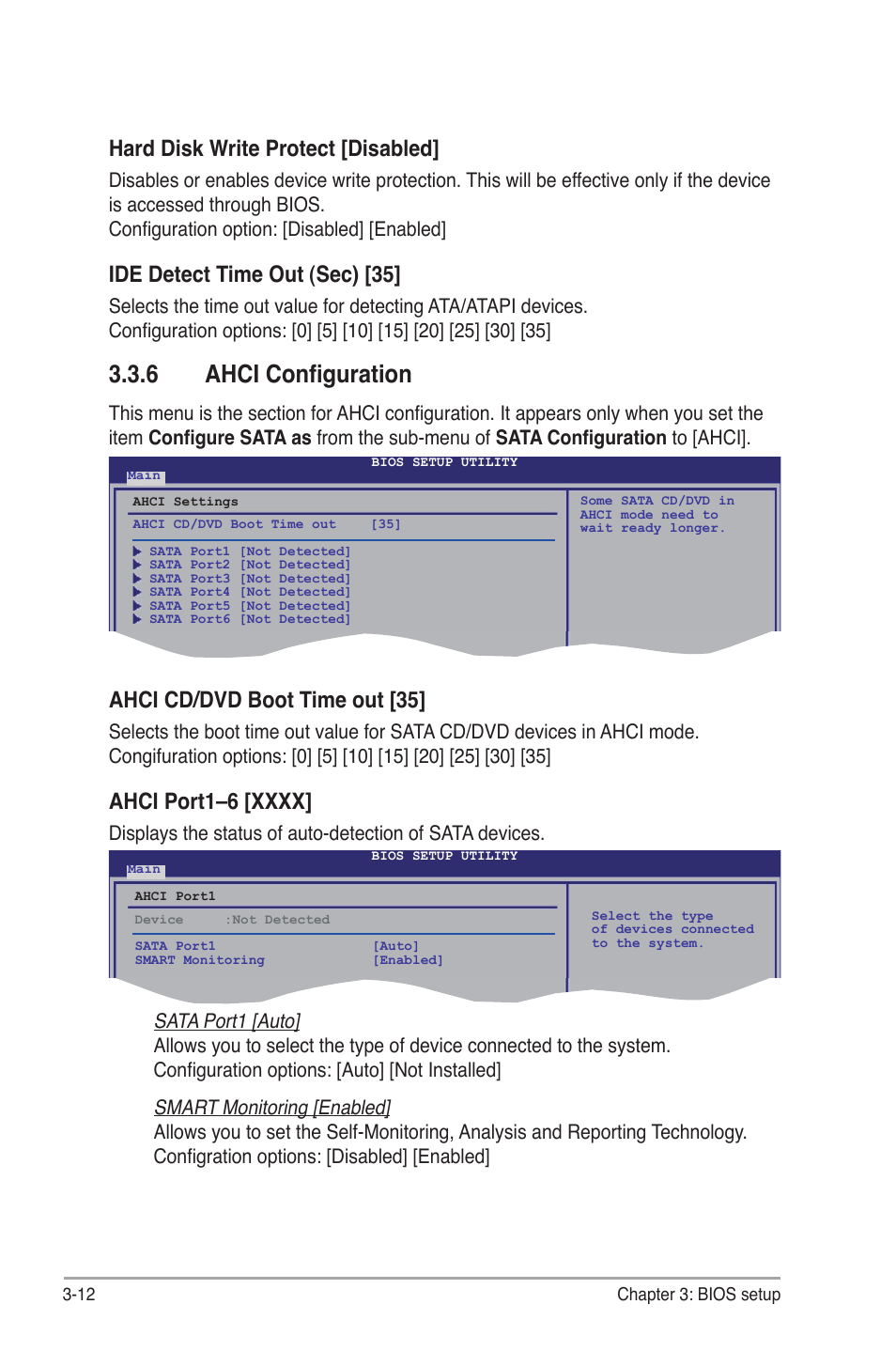 6 ahci configuration, Ahci configuration -12, Hard disk write protect [disabled | Ide detect time out (sec) [35, Ahci cd/dvd boot time out [35 | Asus P6TD Deluxe User Manual | Page 84 / 178