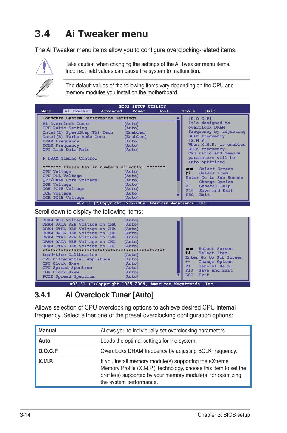 4 ai tweaker menu, 1 ai overclock tuner [auto, Ai tweaker menu -14 3.4.1 | Ai overclock tuner -14, Scroll down to display the following items, 14 chapter 3: bios setup | Asus P6TD Deluxe User Manual | Page 86 / 178