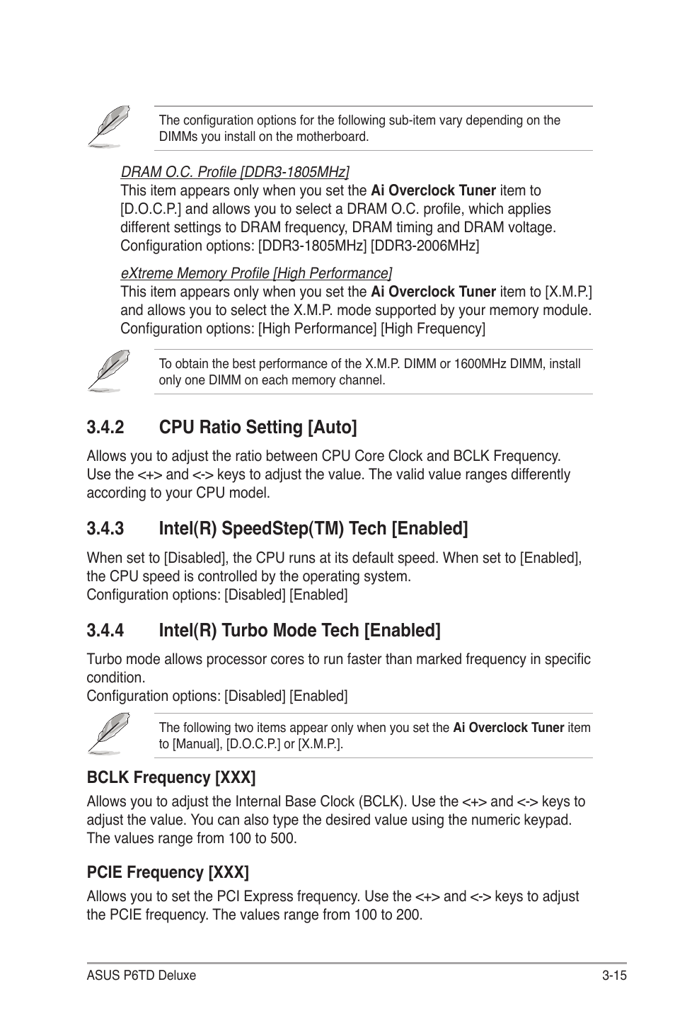 2 cpu ratio setting [auto, 3 intel(r) speedstep(tm) tech [enabled, 4 intel(r) turbo mode tech [enabled | Cpu ratio setting -15, Intel(r) speedstep(tm) tech -15, Intel(r) turbo mode tech -15 | Asus P6TD Deluxe User Manual | Page 87 / 178