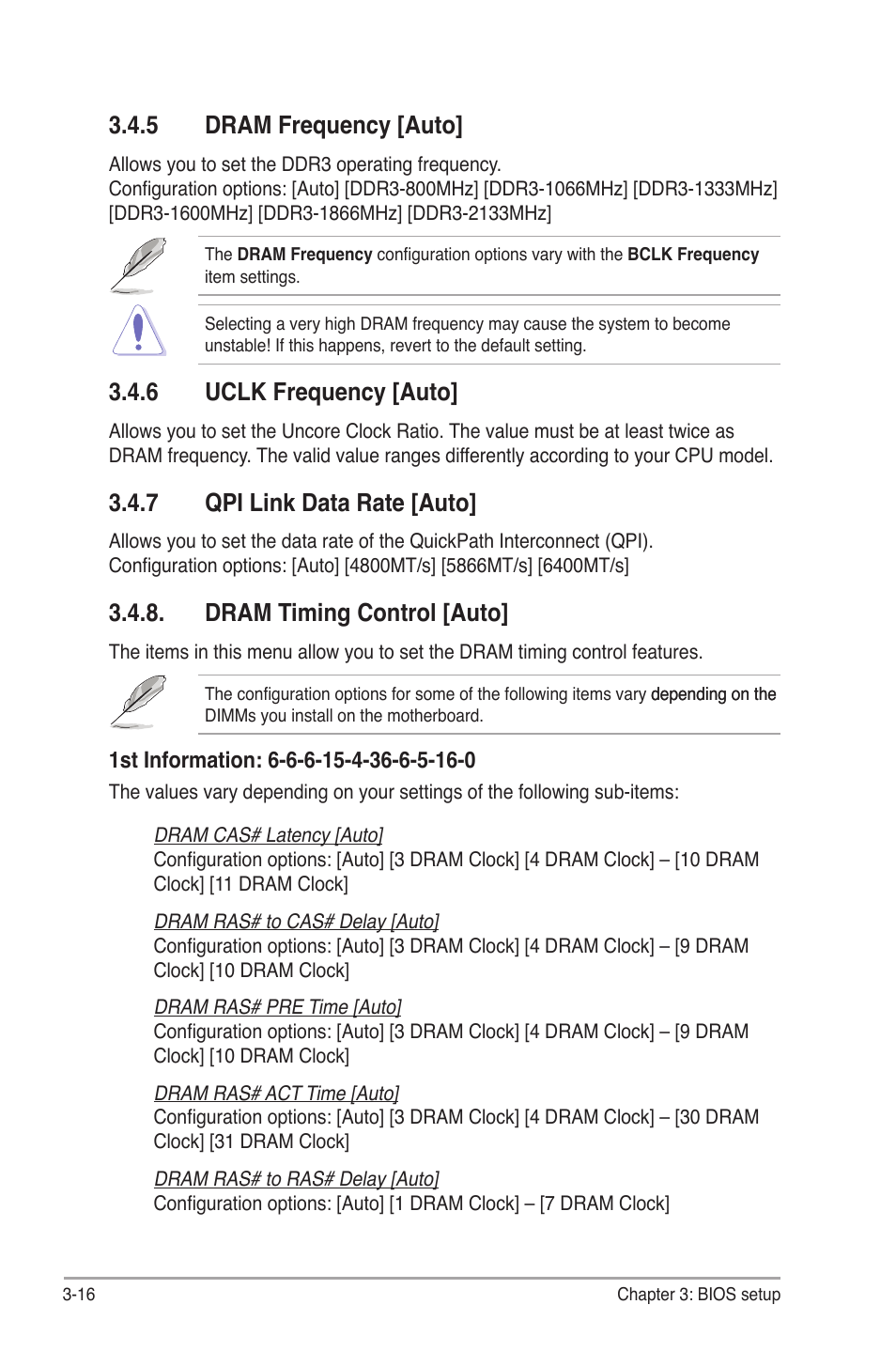 5 dram frequency [auto, 6 uclk frequency [auto, 7 qpi link data rate [auto | Dram timing control [auto, Dram frequency -16, Uclk frequency -16, Qpi link data rate -16, Dram timing control -16 | Asus P6TD Deluxe User Manual | Page 88 / 178