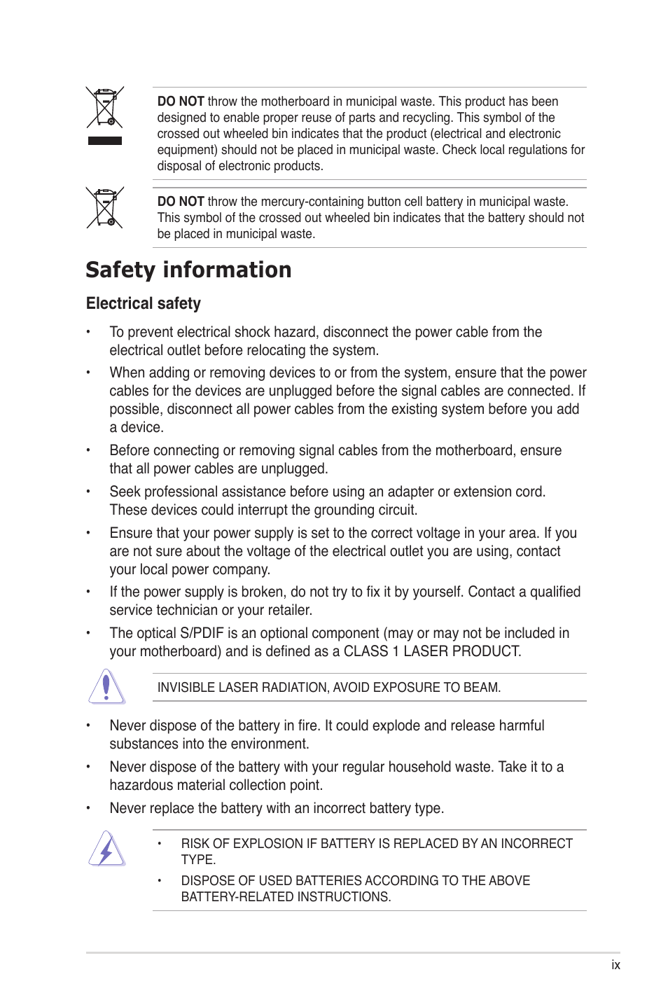 Safety information | Asus P6TD Deluxe User Manual | Page 9 / 178