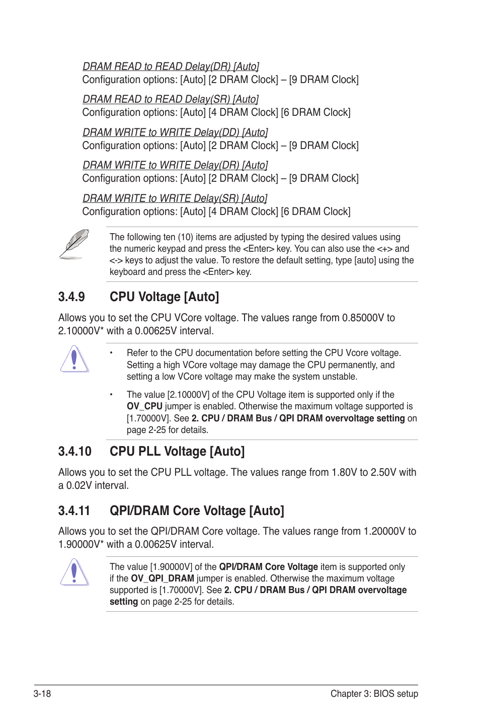 9 cpu voltage [auto, 10 cpu pll voltage [auto, 11 qpi/dram core voltage [auto | Cpu voltage -18 | Asus P6TD Deluxe User Manual | Page 90 / 178