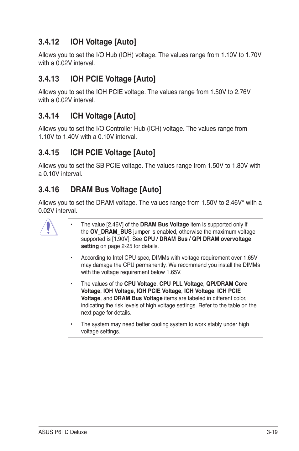 12 ioh voltage [auto, 13 ioh pcie voltage [auto, 14 ich voltage [auto | 15 ich pcie voltage [auto, 16 dram bus voltage [auto | Asus P6TD Deluxe User Manual | Page 91 / 178