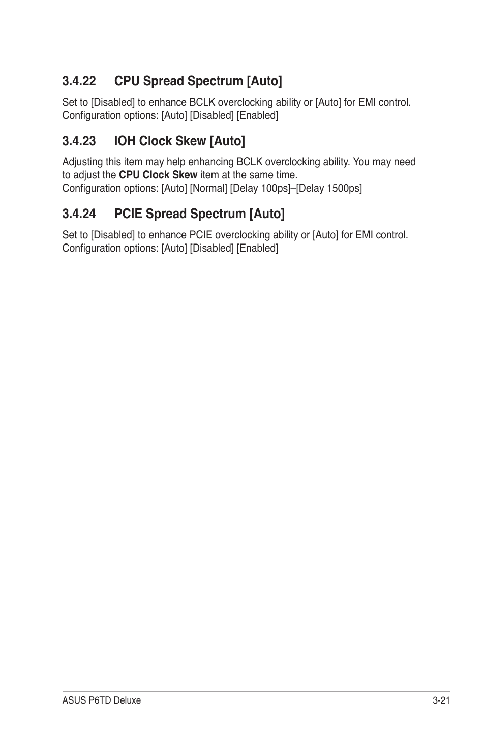 22 cpu spread spectrum [auto, 23 ioh clock skew [auto, 24 pcie spread spectrum [auto | Asus P6TD Deluxe User Manual | Page 93 / 178