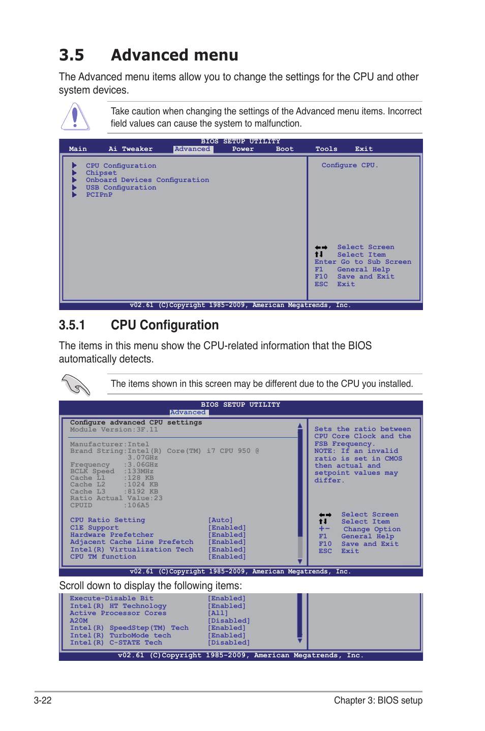5 advanced menu, 1 cpu configuration, Advanced menu -22 3.5.1 | Cpu configuration -22, Scroll down to display the following items, 22 chapter 3: bios setup | Asus P6TD Deluxe User Manual | Page 94 / 178