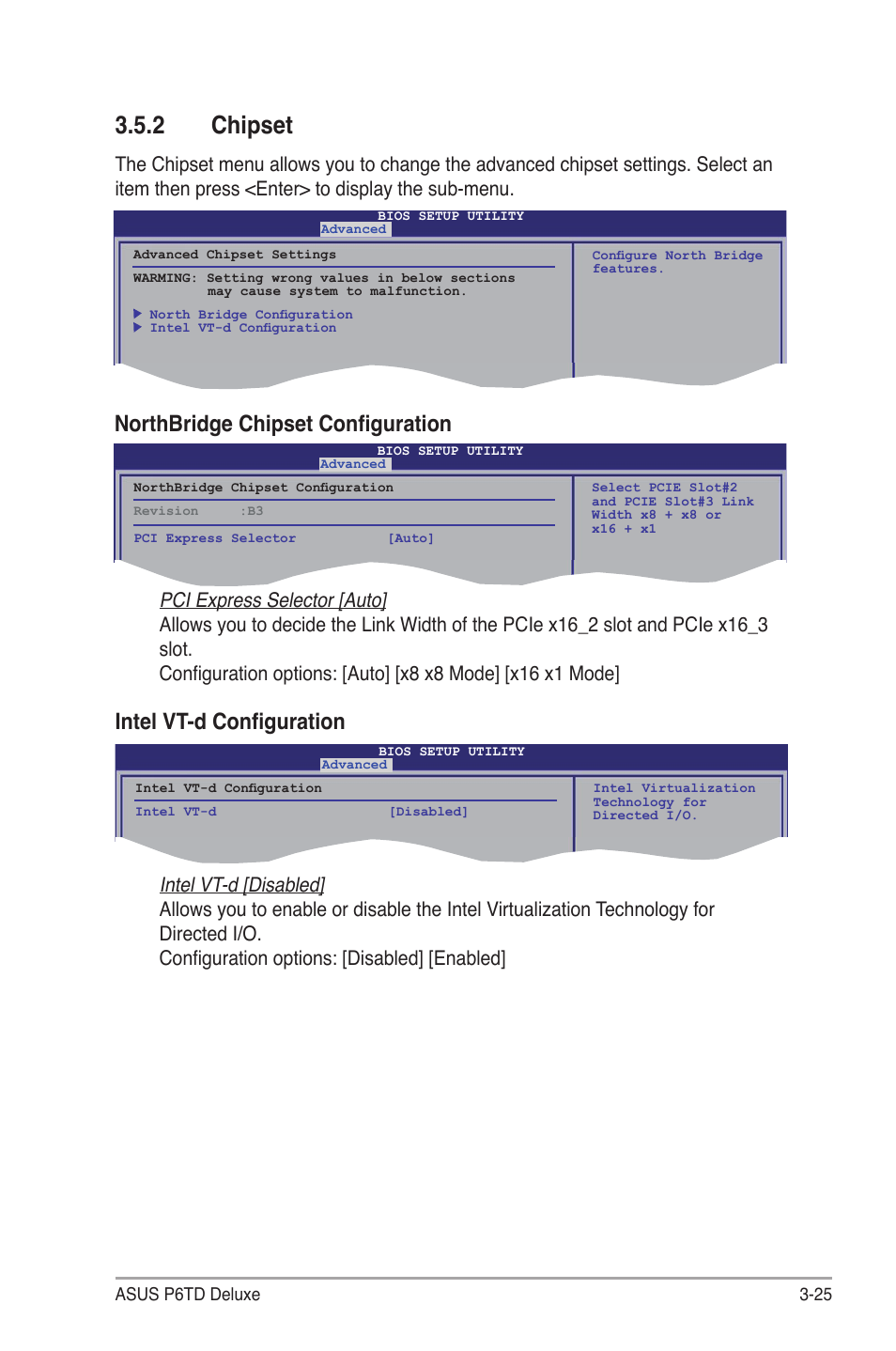 2 chipset, Chipset -25, Northbridge chipset configuration | Intel vt-d configuration | Asus P6TD Deluxe User Manual | Page 97 / 178