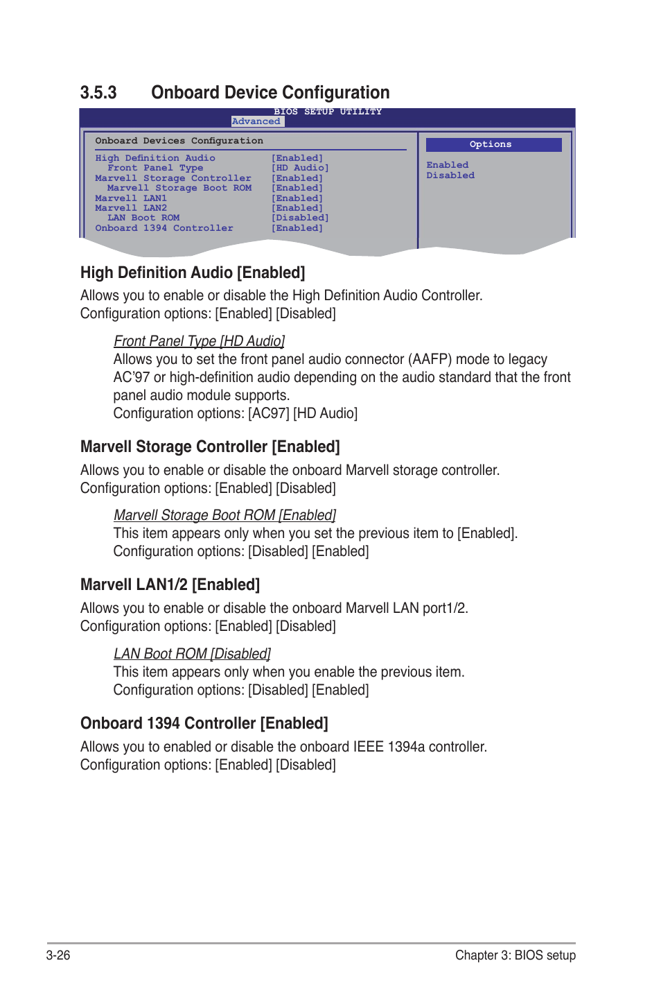 3 onboard device configuration, Onboard device configuration -26, High definition audio [enabled | Marvell storage controller [enabled, Marveli lan1/2 [enabled, Onboard 1394 controller [enabled | Asus P6TD Deluxe User Manual | Page 98 / 178