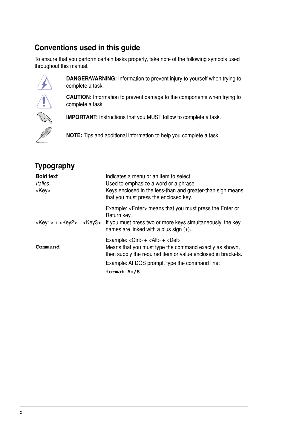 Conventions used in this guide, Typography | Asus P9D-V User Manual | Page 10 / 150