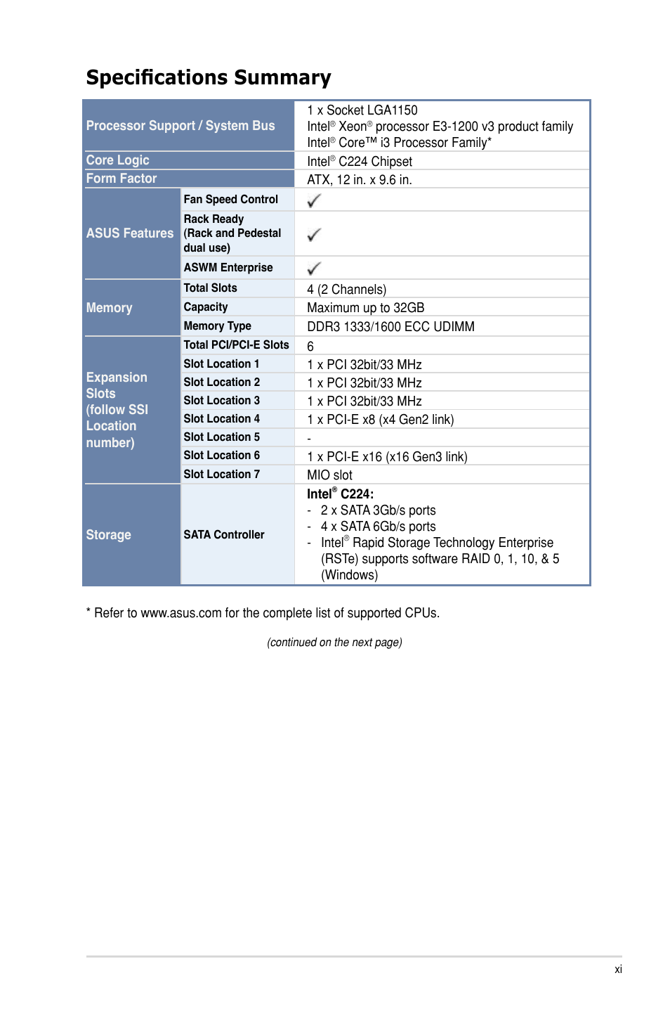 P9d-v specifications summary, Specifications summary | Asus P9D-V User Manual | Page 11 / 150
