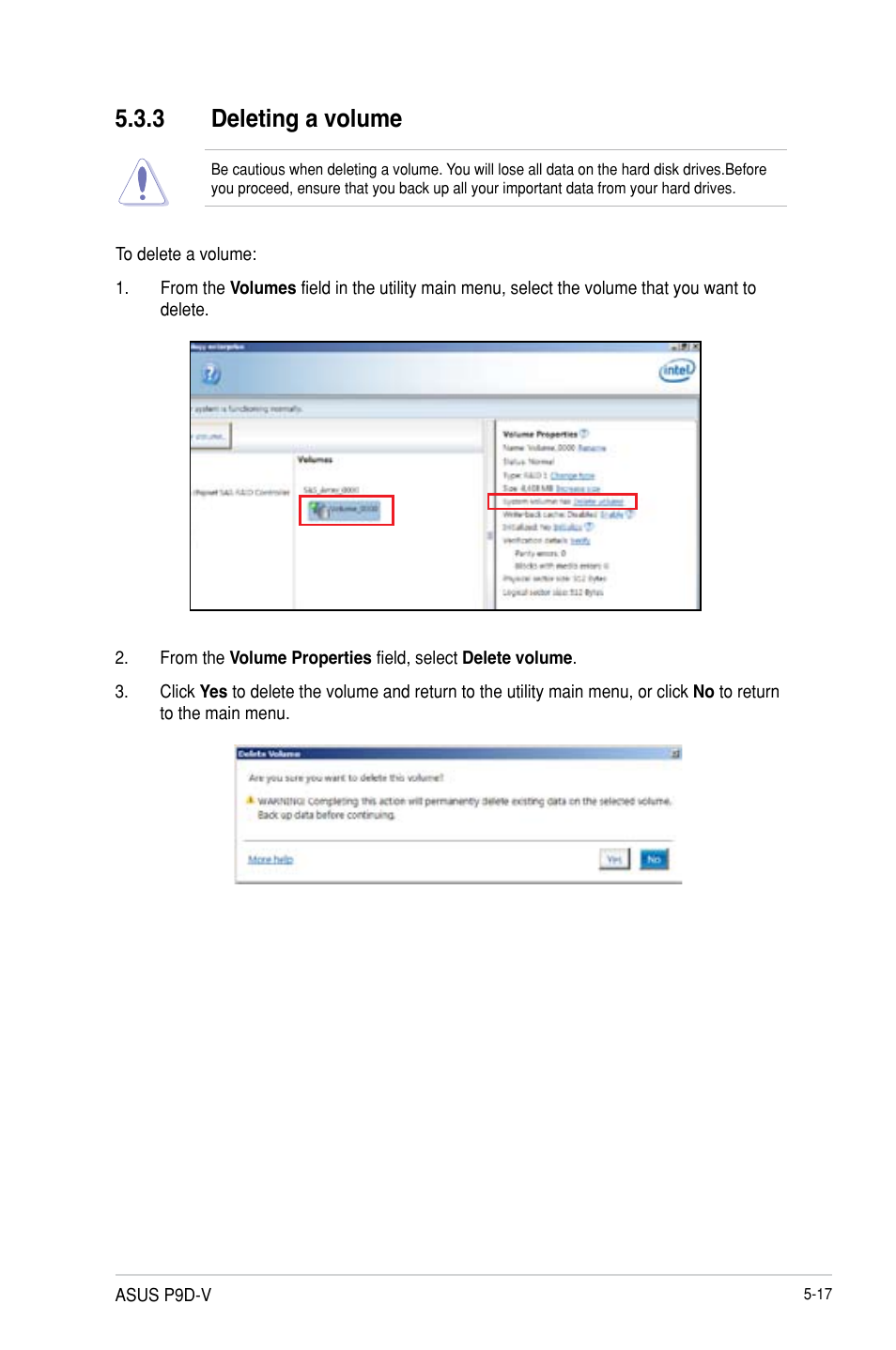 3 deleting a volume | Asus P9D-V User Manual | Page 113 / 150