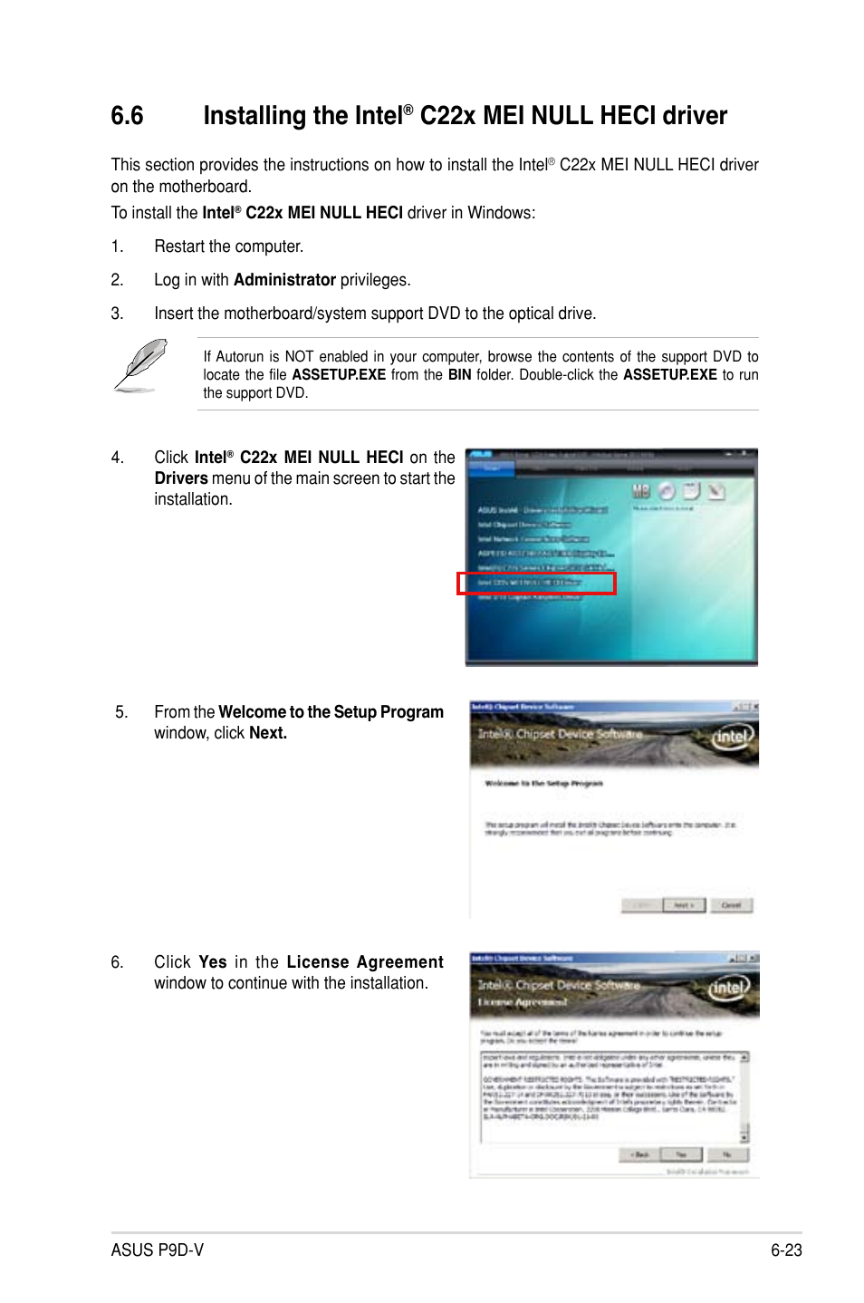 6 installing the intel® c22x mei null heci driver, Installing the intel, C22x mei null heci driver -23 | 6 installing the intel, C22x mei null heci driver | Asus P9D-V User Manual | Page 137 / 150