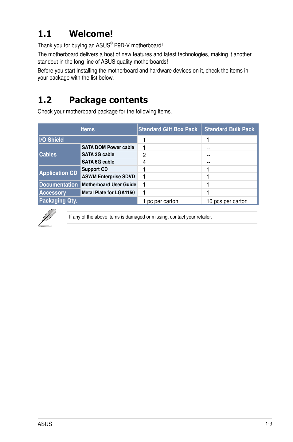 1 welcome, 2 package contents | Asus P9D-V User Manual | Page 15 / 150