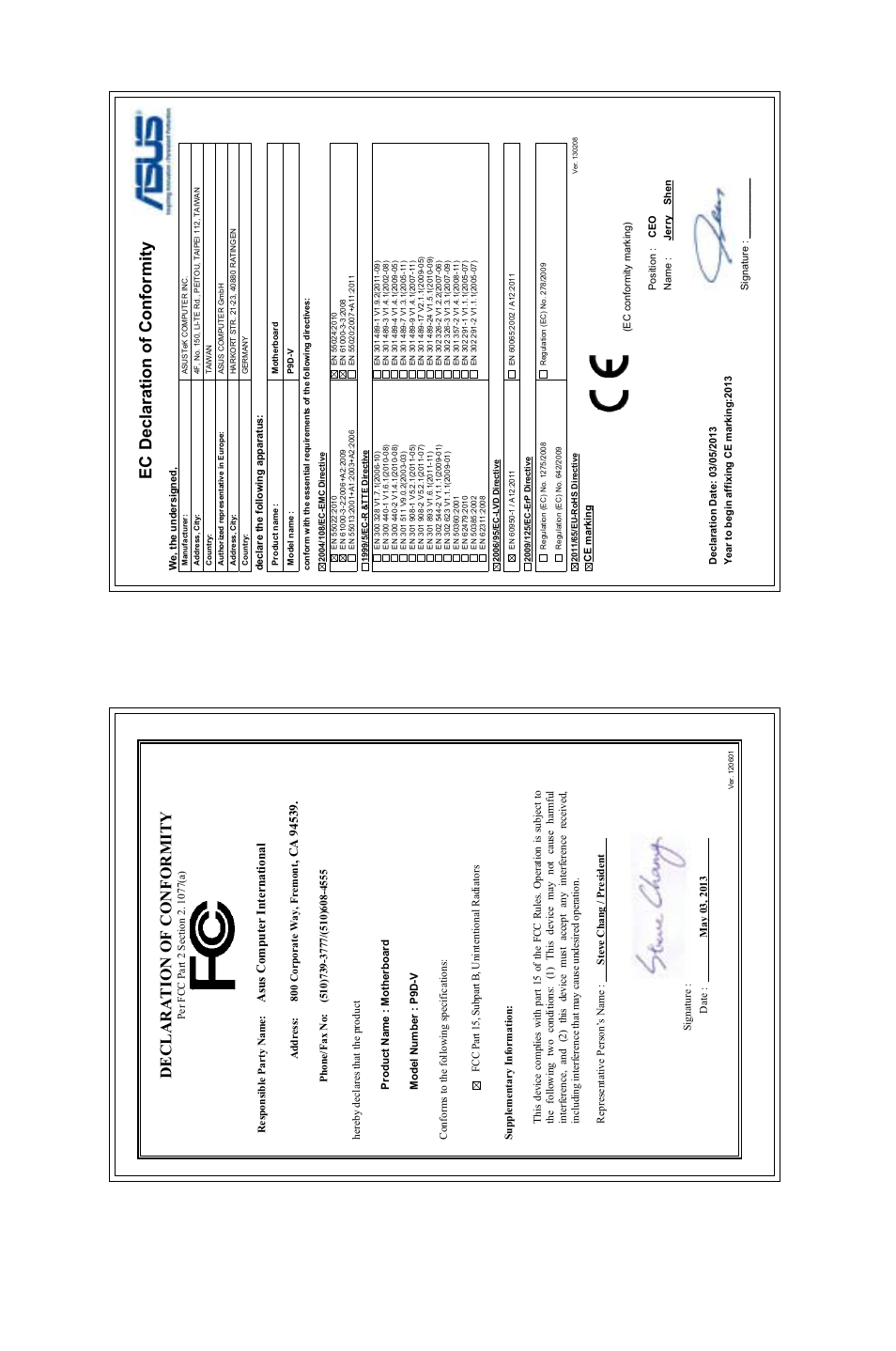 Ec declaration of conformity, Declaration of conformity, Asu s c om pu te r in te rn at io na l | Asus P9D-V User Manual | Page 150 / 150