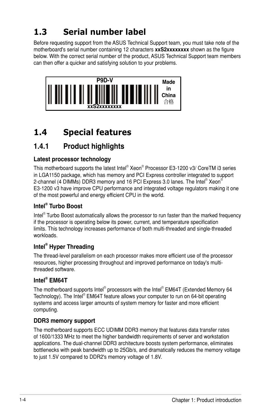 4 special features, 3 serial number label, 1 product highlights | Asus P9D-V User Manual | Page 16 / 150
