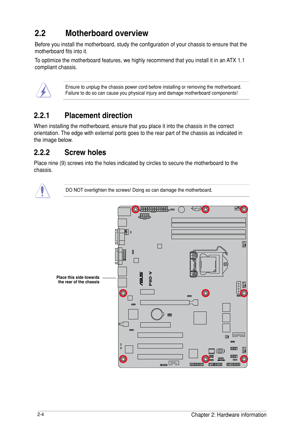 2 motherboard overview, Motherboard overview -4 | Asus P9D-V User Manual | Page 22 / 150