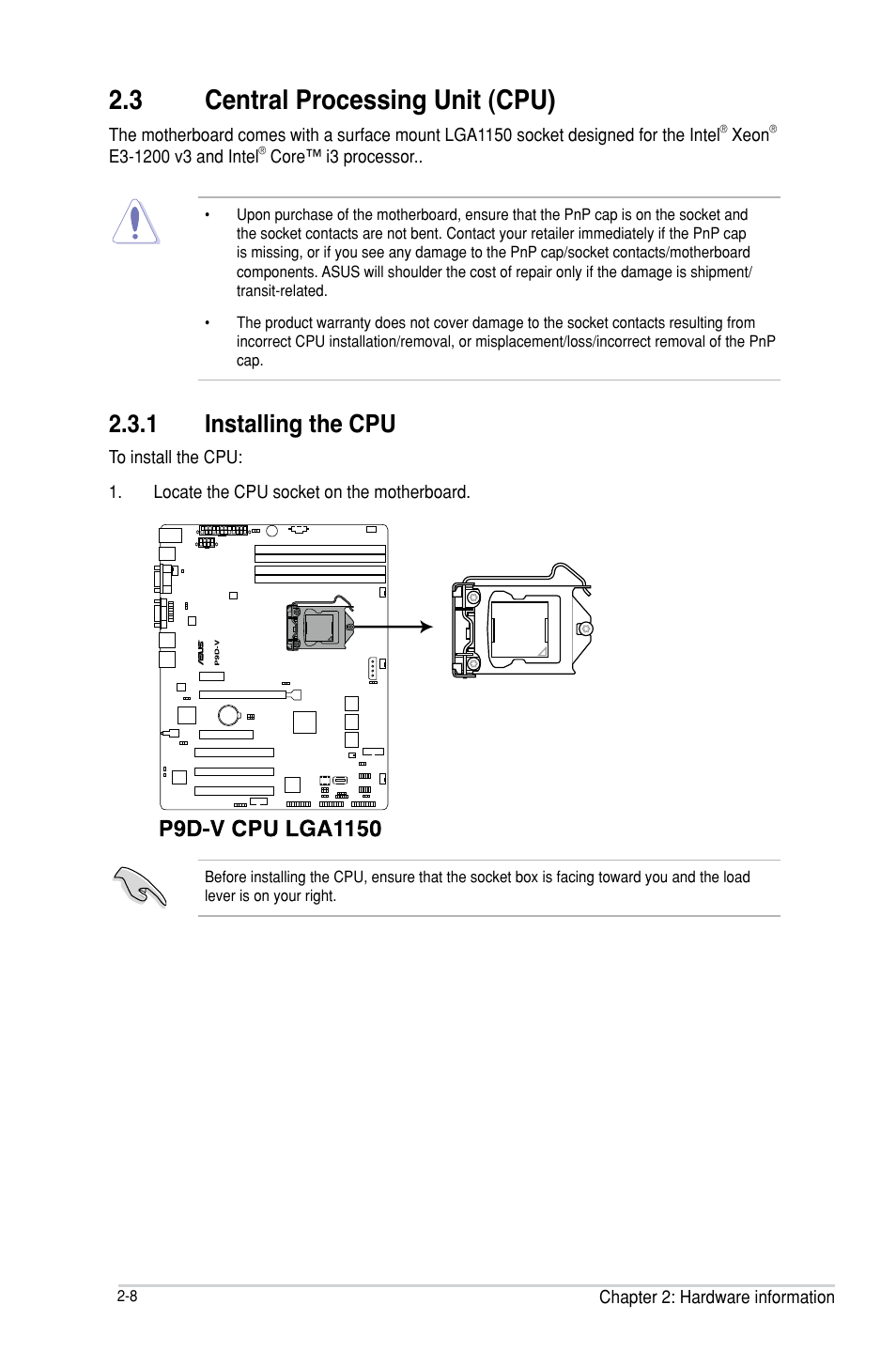 3 central processing unit (cpu), Central processing unit (cpu) -8 | Asus P9D-V User Manual | Page 26 / 150