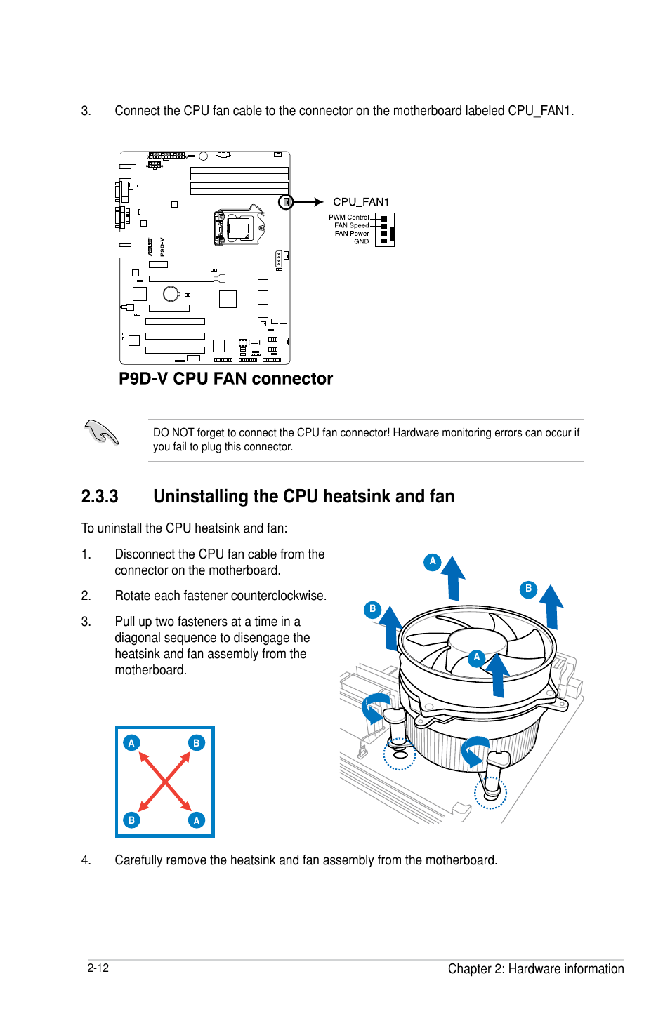 3 uninstalling the cpu heatsink and fan | Asus P9D-V User Manual | Page 30 / 150