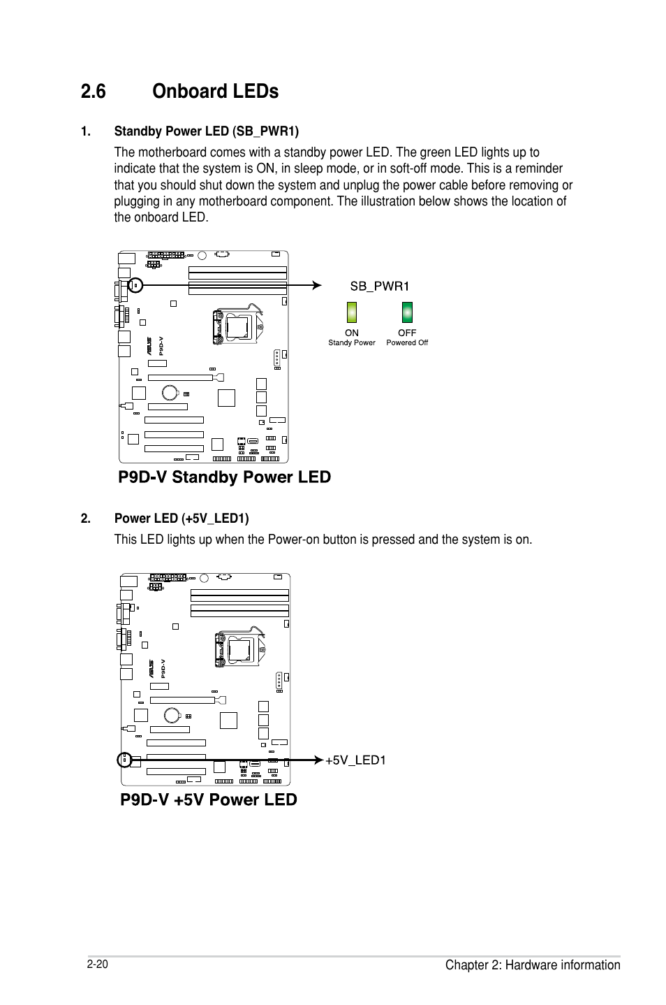 6 onboard leds, Onboard leds -21 | Asus P9D-V User Manual | Page 38 / 150